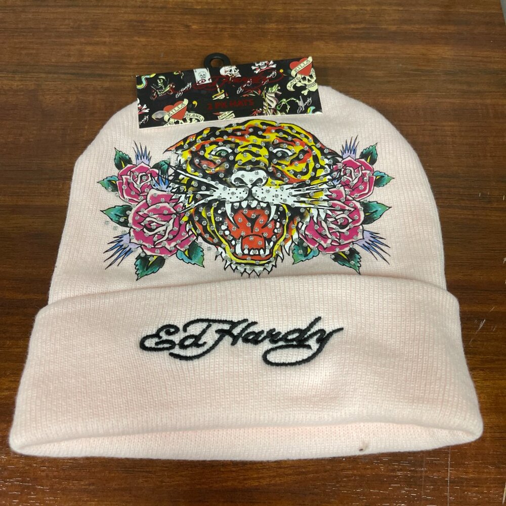 Ed Hardy 2 Pack Beanies PINK and BLACK Embroidered One Size